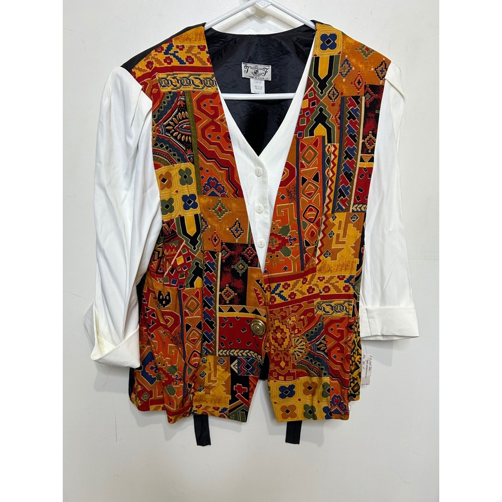 Vintage‎ Mock Vest over White Shirt Colorful Abstract Size 14 Made in USA